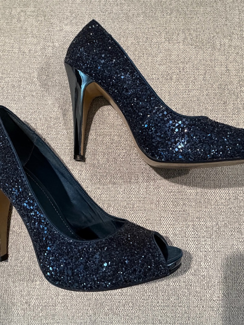 Nine West Navy Glitter Peep-Toe Heels